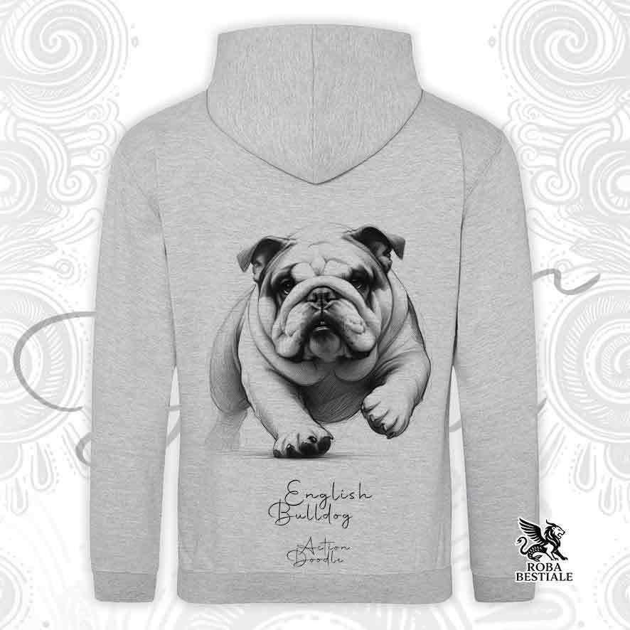 Felpa ACTION DOODLE - BULLDOG INGLESE - Con Cappuccio e Tasconi, diversi colori, Unisex - dalla XS alla 3XL