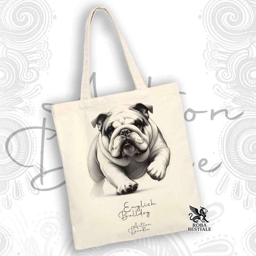 Tote Bag ACTION DOODLE - BULLDOG INGLESE - 100% Cotone - Bianca o Beige