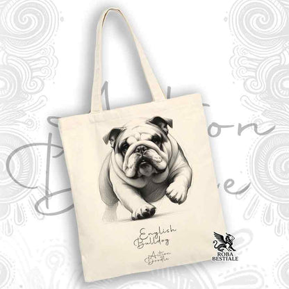 Tote Bag ACTION DOODLE - BULLDOG INGLESE - 100% Cotone - Bianca o Beige
