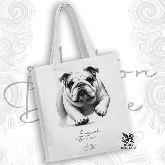 Tote Bag ACTION DOODLE - BULLDOG INGLESE - 100% Cotone - Bianca o Beige