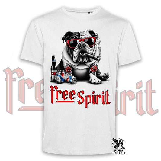 T-Shirt FREE SPIRIT - BULLDOG INGLESE - Bianca o Beige, da Uomo o da Donna - dalla XS alla 5XL