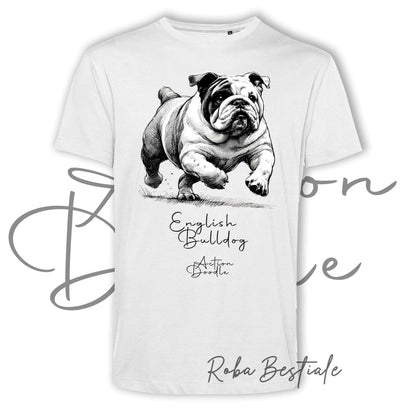 T-Shirt ACTION DOODLE - BULLDOG INGLESE 1 - 100% Cotone, Bianca, Uomo o Donna - dalla XS alla 5XL