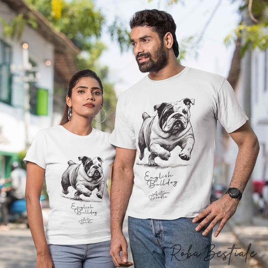 T-Shirt ACTION DOODLE - BULLDOG INGLESE 1 - 100% Cotone, Bianca, Uomo o Donna - dalla XS alla 5XL
