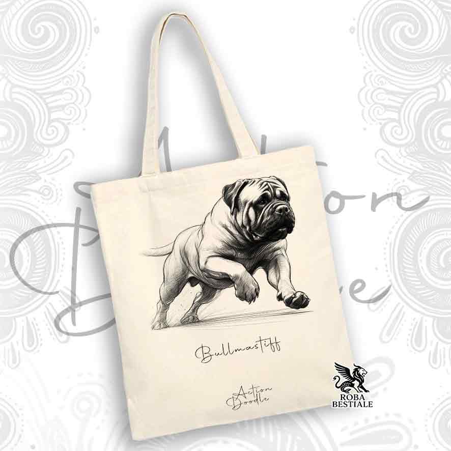 Tote Bag ACTION DOODLE - BULLMASTIFF - 100% Cotone - Bianca o Beige