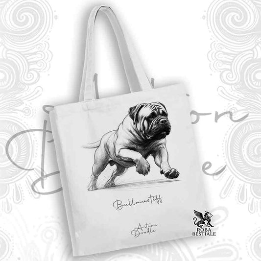 Tote Bag ACTION DOODLE - BULLMASTIFF - 100% Cotone - Bianca o Beige