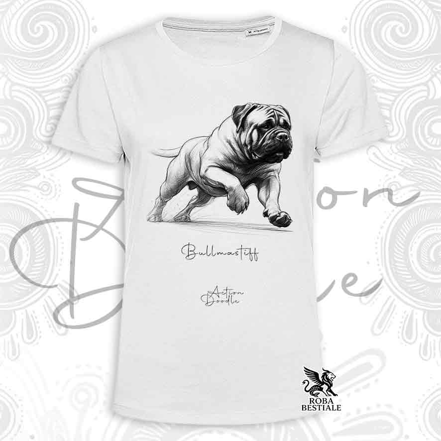 T-Shirt ACTION DOODLE - BULLMASTIFF - Bianca o Beige, da Uomo o da Donna - dalla XS alla 5XL