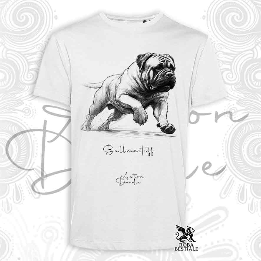 T-Shirt ACTION DOODLE - BULLMASTIFF - Bianca o Beige, da Uomo o da Donna - dalla XS alla 5XL