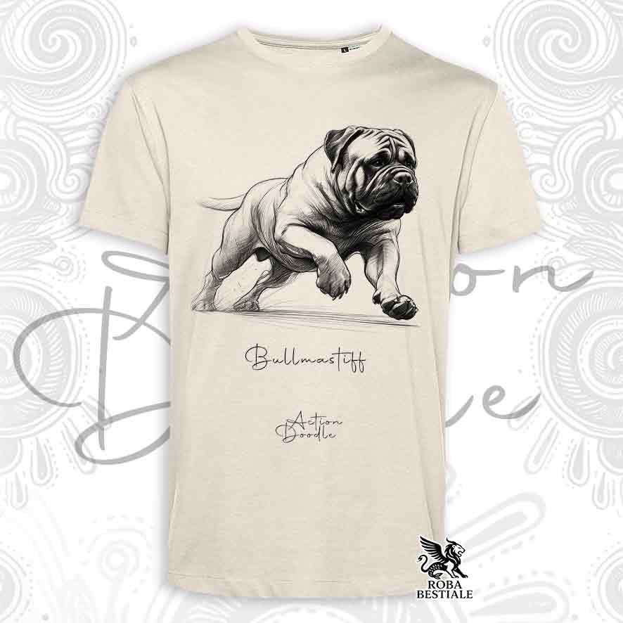 T-Shirt ACTION DOODLE - BULLMASTIFF - Bianca o Beige, da Uomo o da Donna - dalla XS alla 5XL