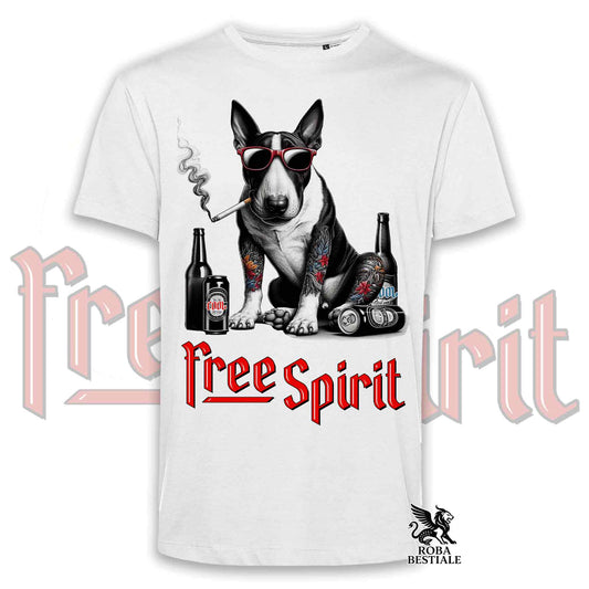 T-Shirt FREE SPIRIT - BULL TERRIER - Bianca o Beige, da Uomo o da Donna - dalla XS alla 5XL