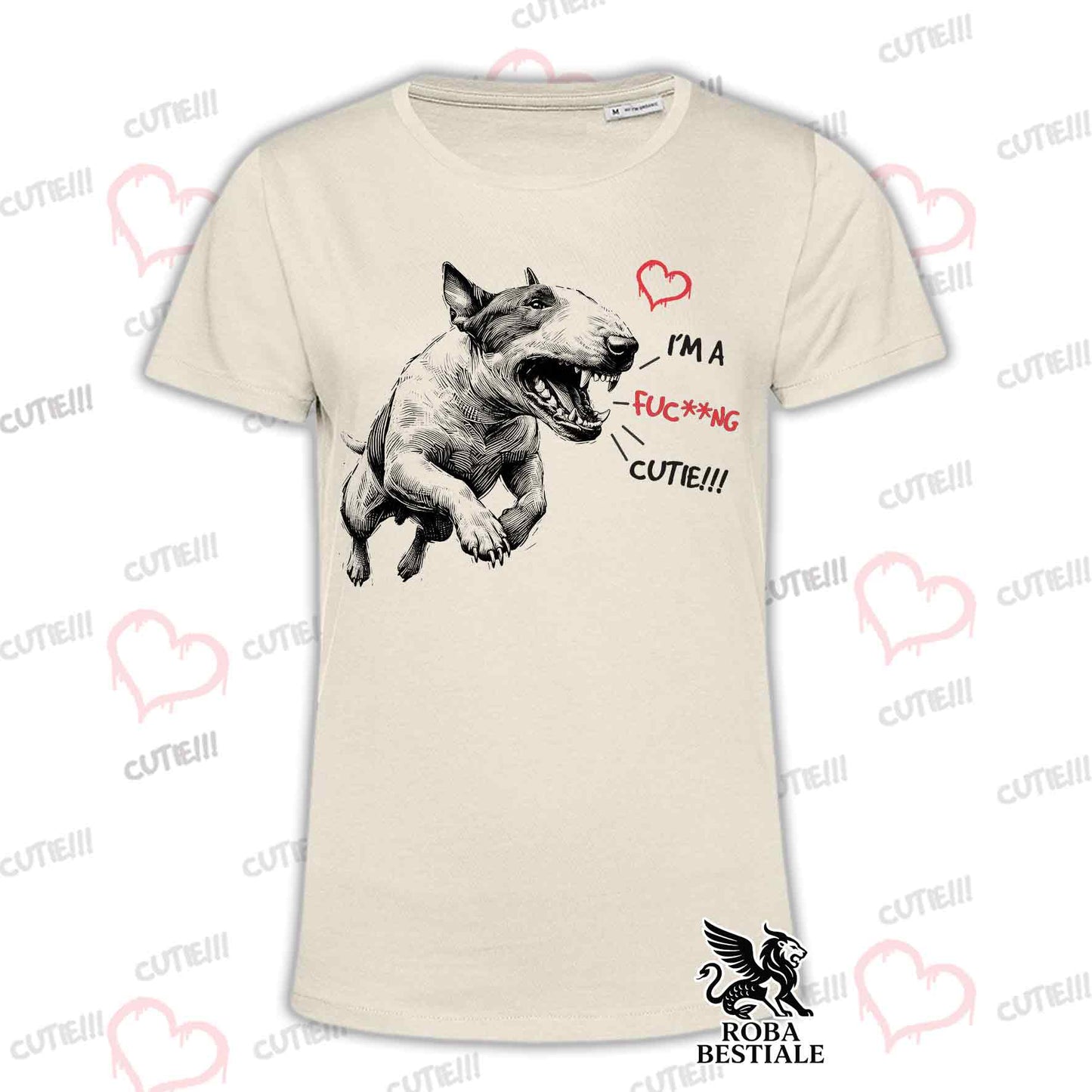 T-Shirt CUTIE - BULL TERRIER - Bianca o Beige, da Uomo o da Donna - dalla XS alla 5XL