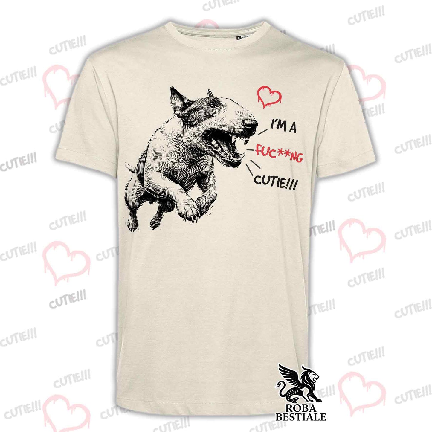 T-Shirt CUTIE - BULL TERRIER - Bianca o Beige, da Uomo o da Donna - dalla XS alla 5XL