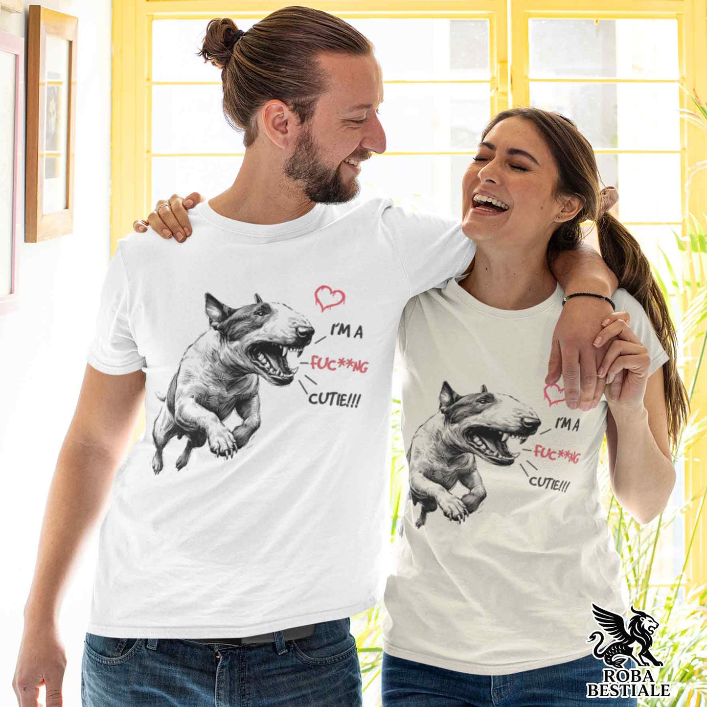 T-Shirt CUTIE - BULL TERRIER - Bianca o Beige, da Uomo o da Donna - dalla XS alla 5XL