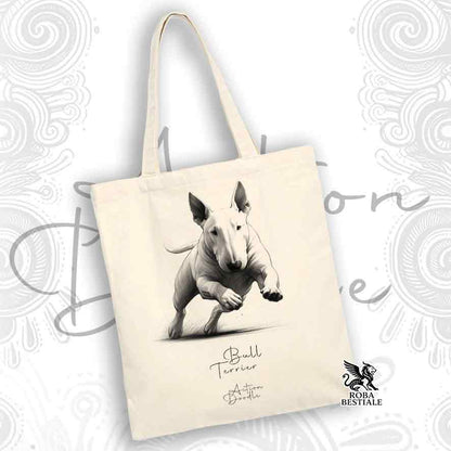 Tote Bag ACTION DOODLE - BULL TERRIER Bianco - 100% Cotone - Bianca o Beige