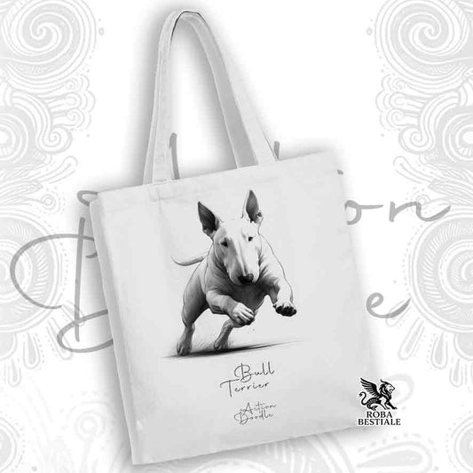 Tote Bag ACTION DOODLE - BULL TERRIER Bianco - 100% Cotone - Bianca o Beige