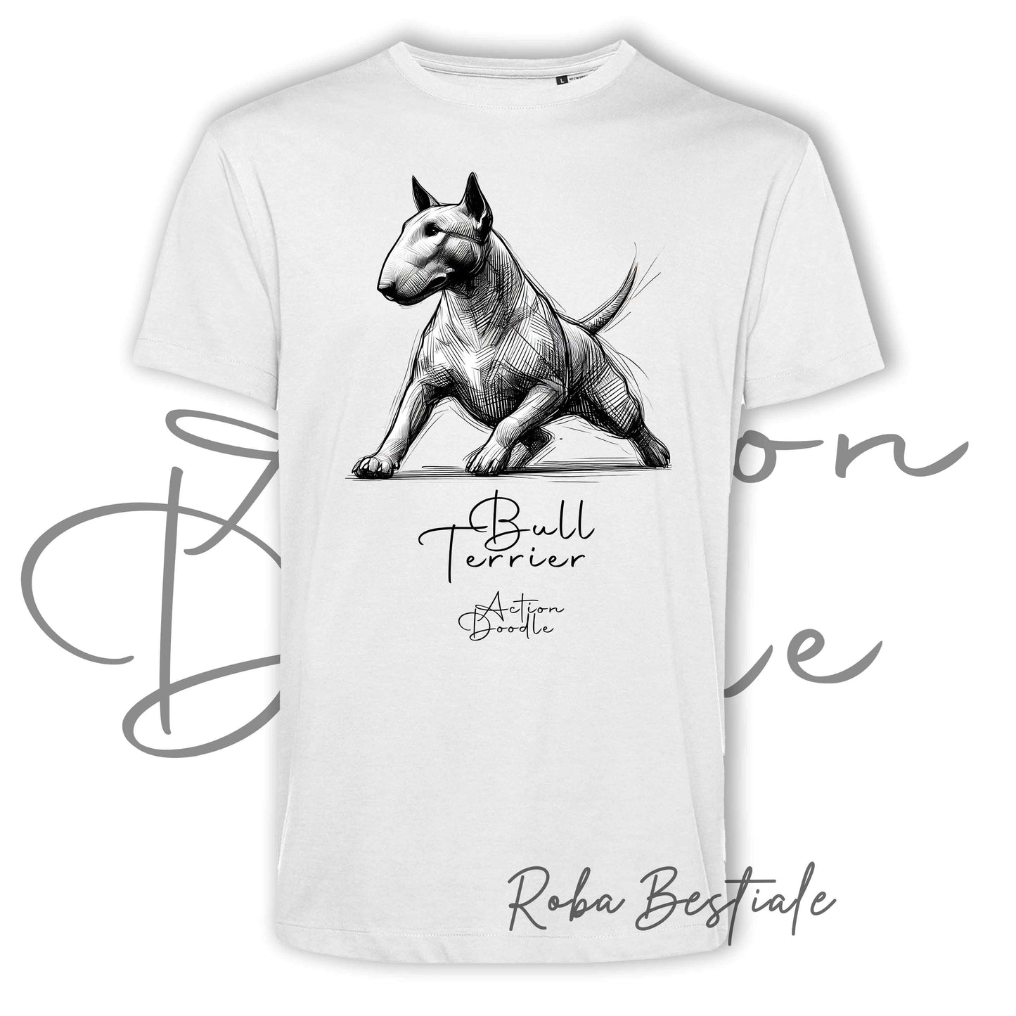 T-Shirt ACTION DOODLE - BULL TERRIER Bianco 1 - 100% Cotone, Bianca, Uomo o Donna - dalla XS alla 5XL