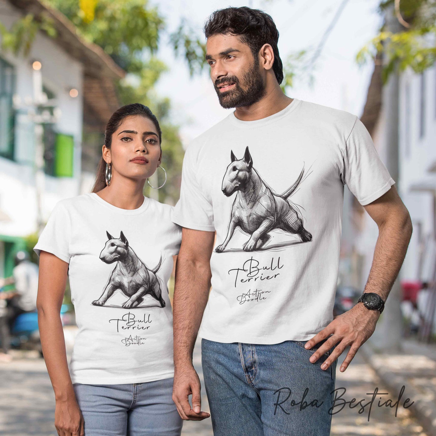 T-Shirt ACTION DOODLE - BULL TERRIER Bianco 1 - 100% Cotone, Bianca, Uomo o Donna - dalla XS alla 5XL