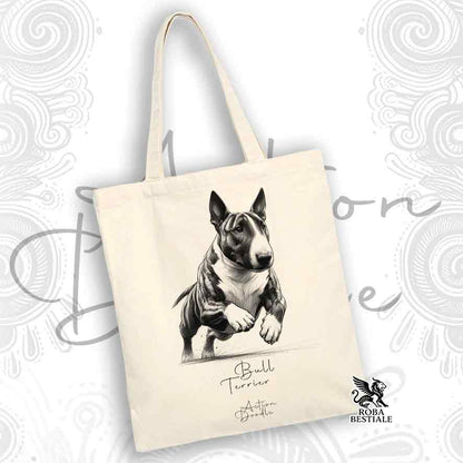 Tote Bag ACTION DOODLE - BULL TERRIER Tigrato - 100% Cotone - Bianca o Beige