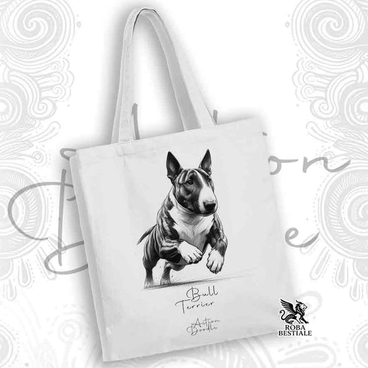 Tote Bag ACTION DOODLE - BULL TERRIER Tigrato - 100% Cotone - Bianca o Beige