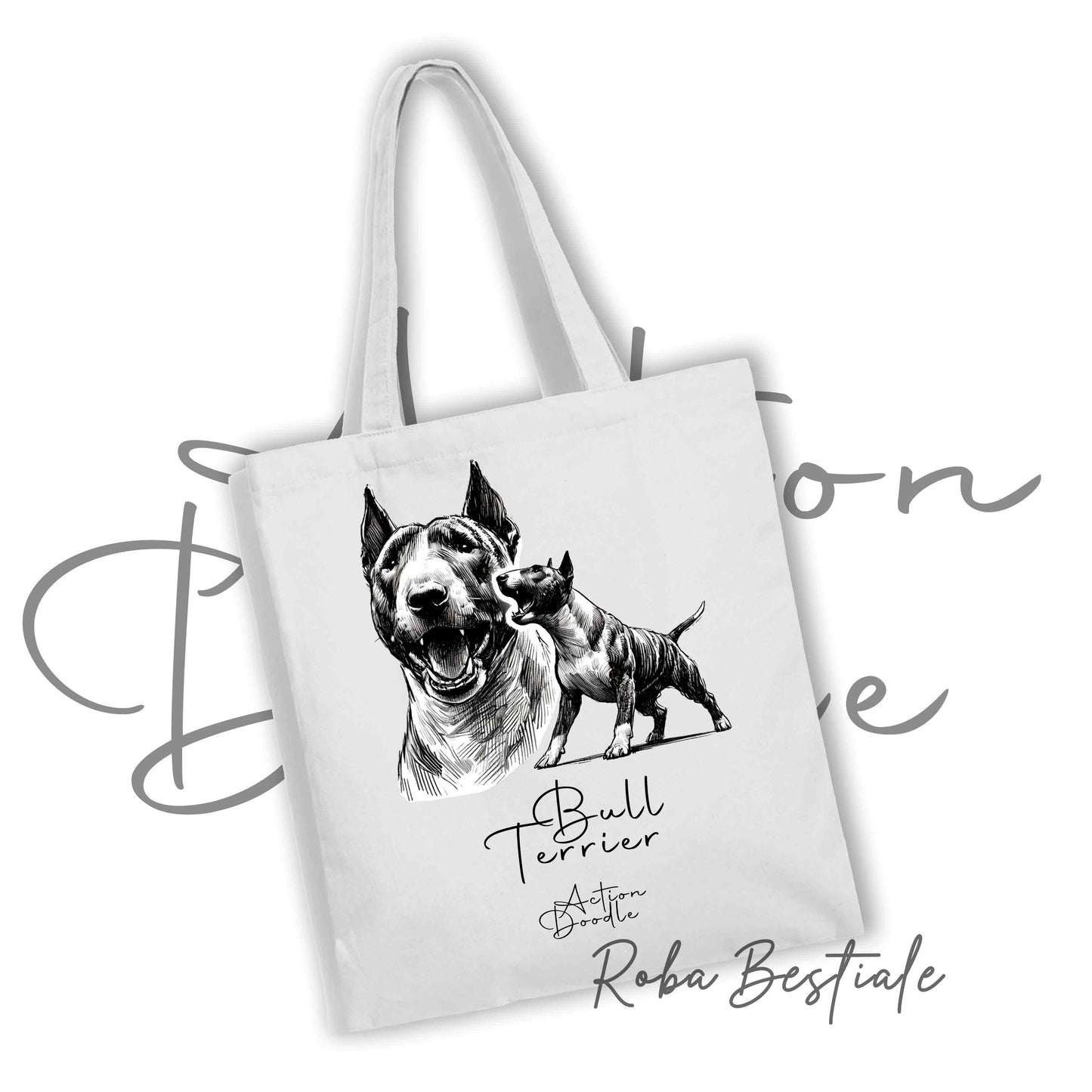 Shopper ACTION DOODLE - BULL TERRIER Tigrato 1 - Diversi colori disponibili, 100% Cotone