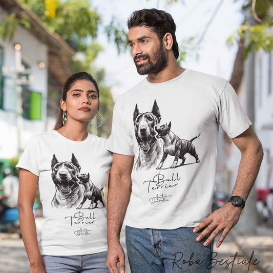 T-Shirt ACTION DOODLE - BULL TERRIER Tigrato 1 - 100% Cotone, Bianca, Uomo o Donna - dalla XS alla 5XL