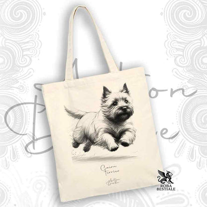 Tote Bag ACTION DOODLE - CAIRN TERRIER - 100% Cotone - Bianca o Beige