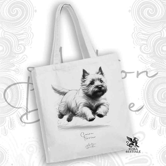 Tote Bag ACTION DOODLE - CAIRN TERRIER - 100% Cotone - Bianca o Beige