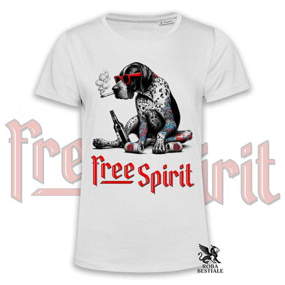 T-Shirt FREE SPIRIT - CANE DA FERMA TEDESCO a Pelo Corto Kurzhaar - Bianca o Beige, da Uomo o da Donna - dalla XS alla 5XL