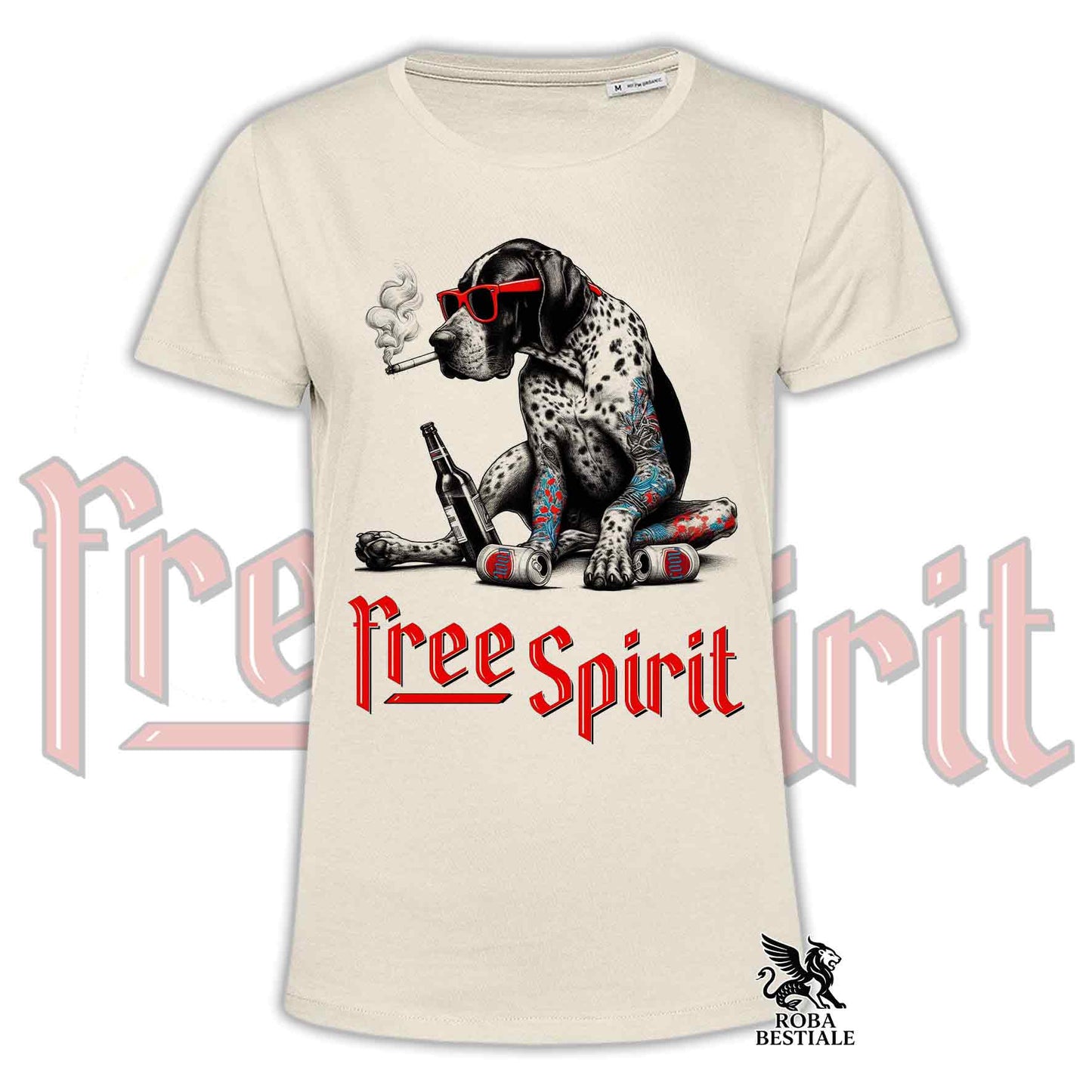 T-Shirt FREE SPIRIT - CANE DA FERMA TEDESCO a Pelo Corto Kurzhaar - Bianca o Beige, da Uomo o da Donna - dalla XS alla 5XL