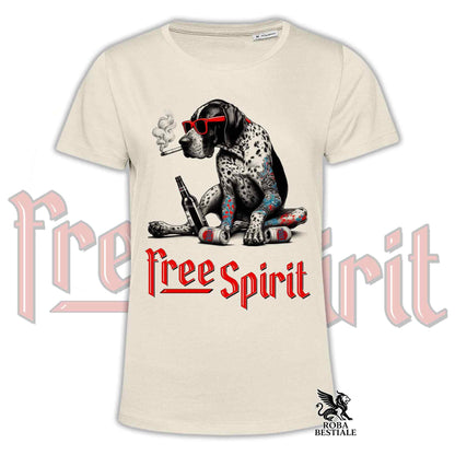 T-Shirt FREE SPIRIT - CANE DA FERMA TEDESCO a Pelo Corto Kurzhaar - Bianca o Beige, da Uomo o da Donna - dalla XS alla 5XL