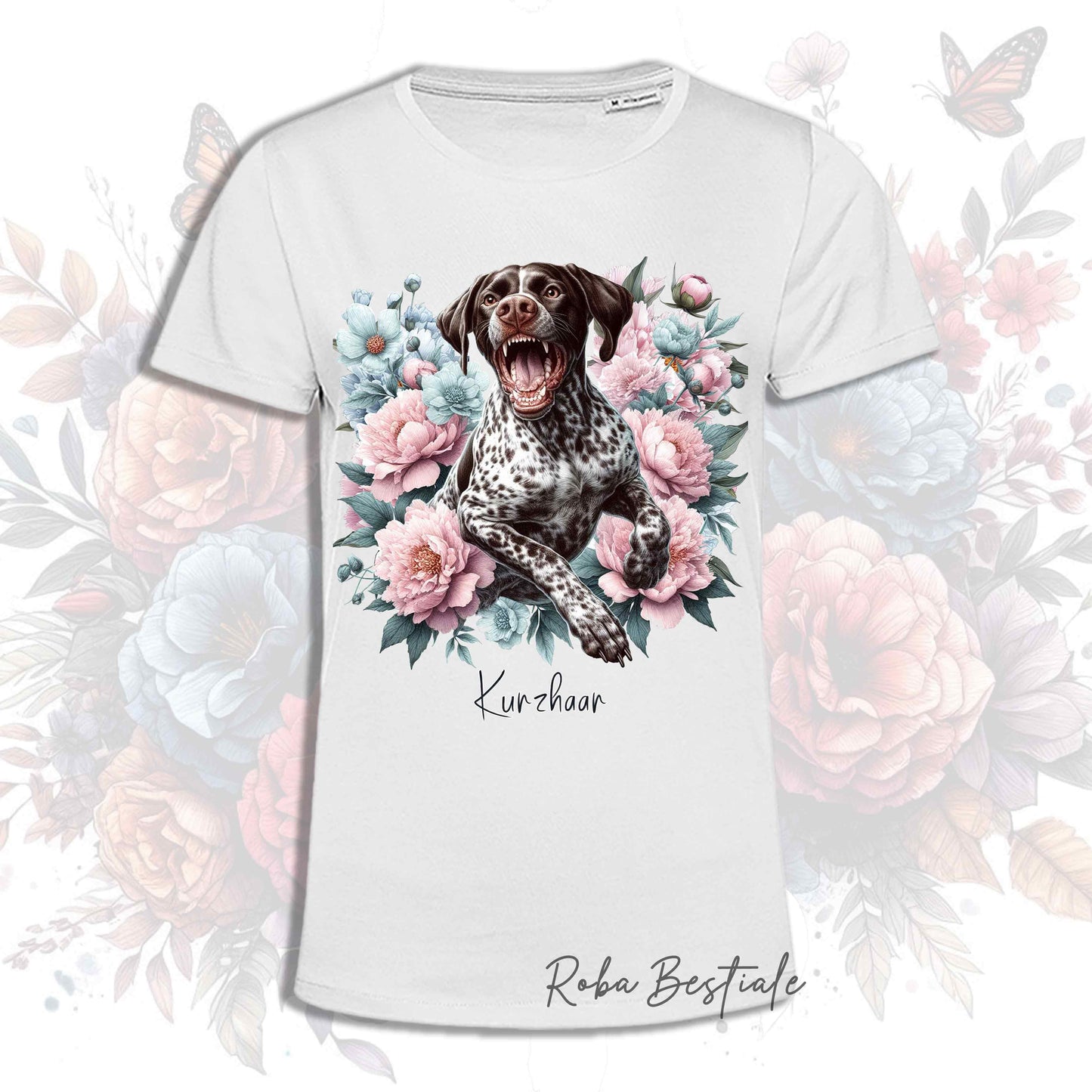 T-Shirt PEONY - CANE DA FERMA TEDESCO A PELO CORTO - KURZHAAR - Roano Marrone - Bianca o Beige, dalla XS alla 5XL