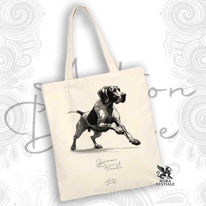 Tote Bag ACTION DOODLE - CANE DA FERMA TEDESCO a Pelo Corto "Kurzhaar" - 100% Cotone - Bianca o Beige