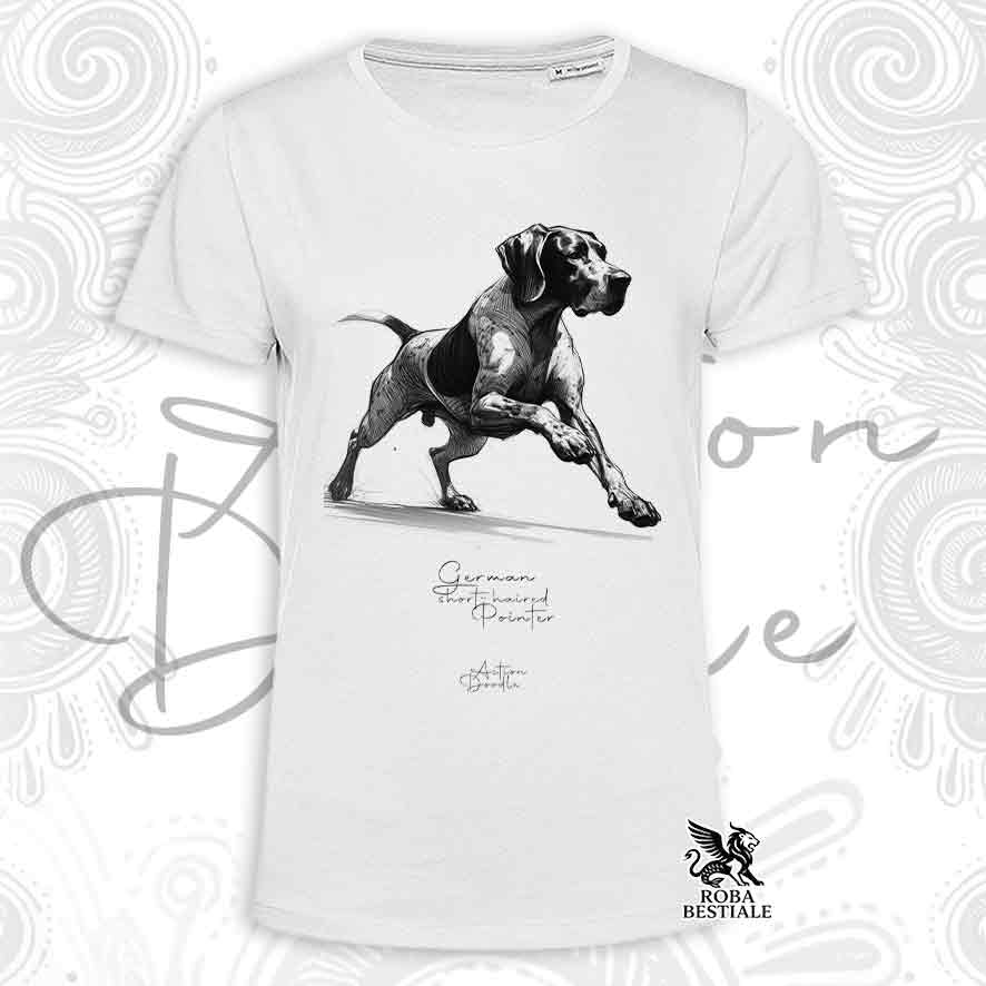 T-shirt ACTION DOODLE - BRAQUE ALLEMAND à Poil Court "Kurzhaar" - Blanc ou Beige, Homme ou Femme - du XS au 5XL
