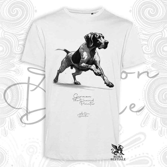 T-Shirt ACTION DOODLE - CANE DA FERMA TEDESCO a Pelo Corto "Kurzhaar" - Bianca o Beige, da Uomo o da Donna - dalla XS alla 5XL
