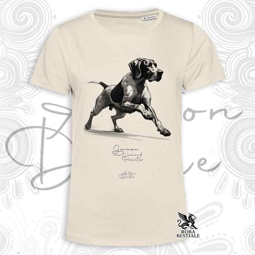 T-shirt ACTION DOODLE - BRAQUE ALLEMAND à Poil Court "Kurzhaar" - Blanc ou Beige, Homme ou Femme - du XS au 5XL