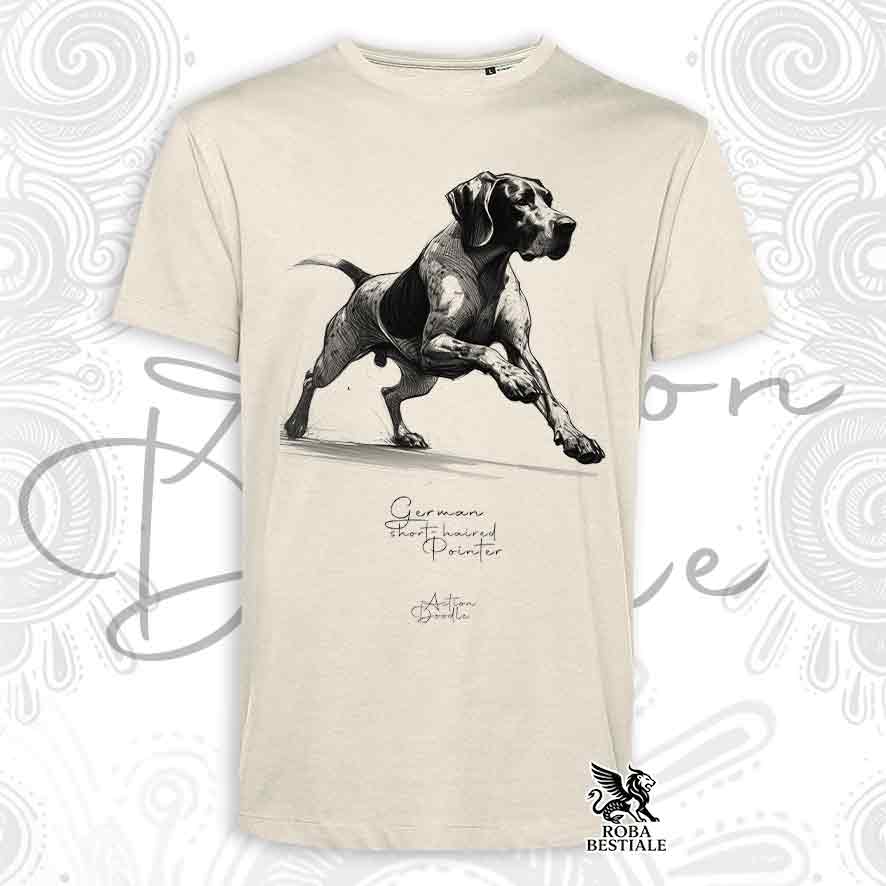 T-shirt ACTION DOODLE - BRAQUE ALLEMAND à Poil Court "Kurzhaar" - Blanc ou Beige, Homme ou Femme - du XS au 5XL