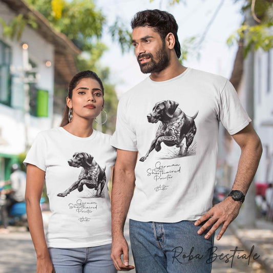 T-Shirt ACTION DOODLE - CANE DA FERMA TEDESCO A PELO CORTO - KURZHAAR 1 - 100% Cotone, Bianca, Uomo o Donna - dalla XS alla 5XL