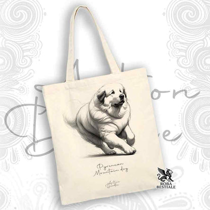 Tote Bag ACTION DOODLE - CANE DA MONTAGNA DEI PIRENEI - 100% Cotone - Bianca o Beige