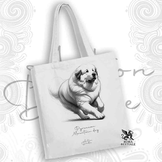 Tote Bag ACTION DOODLE - CANE DA MONTAGNA DEI PIRENEI - 100% Cotone - Bianca o Beige