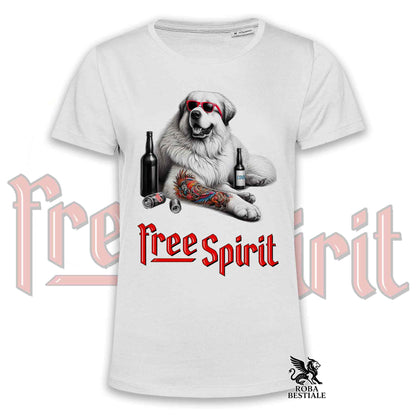 T-Shirt FREE SPIRIT - CANE DA MONTAGNA DEI PIRENEI - Bianca o Beige, da Uomo o da Donna - dalla XS alla 5XL