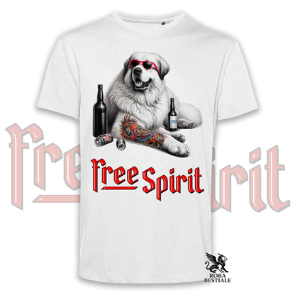 T-Shirt FREE SPIRIT - CANE DA MONTAGNA DEI PIRENEI - Bianca o Beige, da Uomo o da Donna - dalla XS alla 5XL