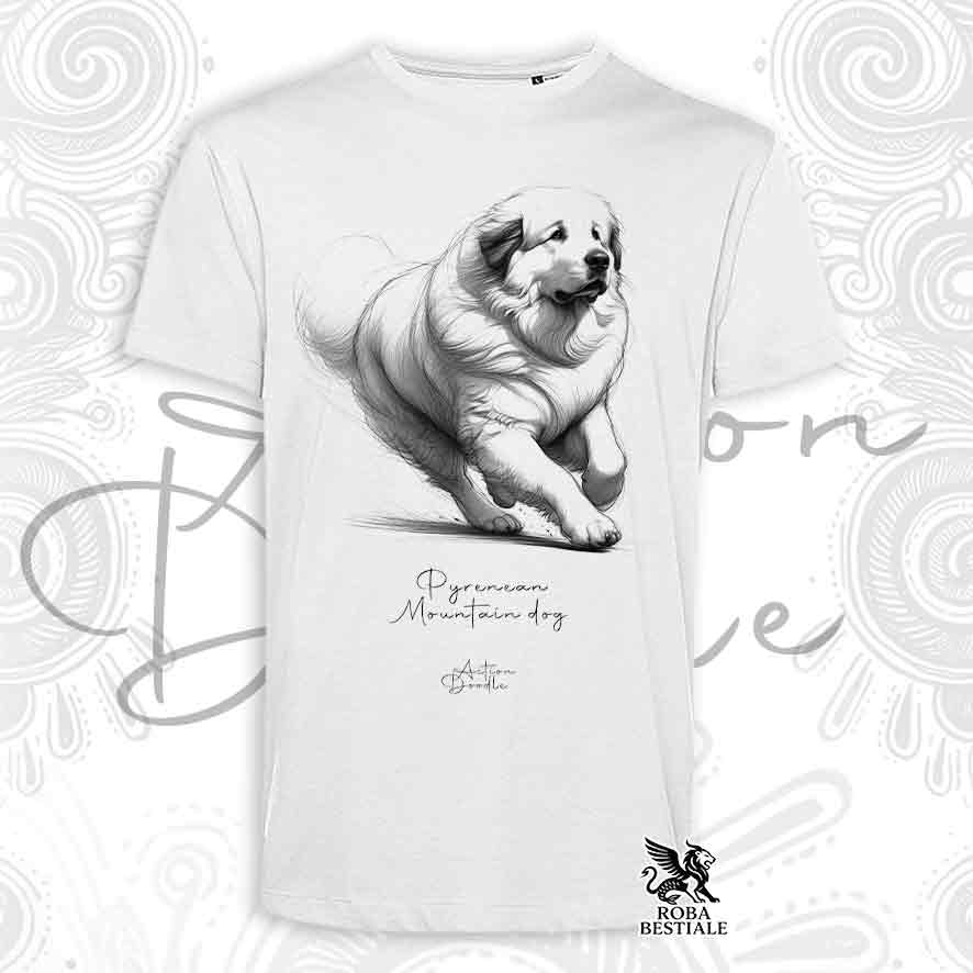 T-Shirt ACTION DOODLE - CANE DA MONTAGNA DEI PIRENEI - Bianca o Beige, da Uomo o da Donna - dalla XS alla 5XL
