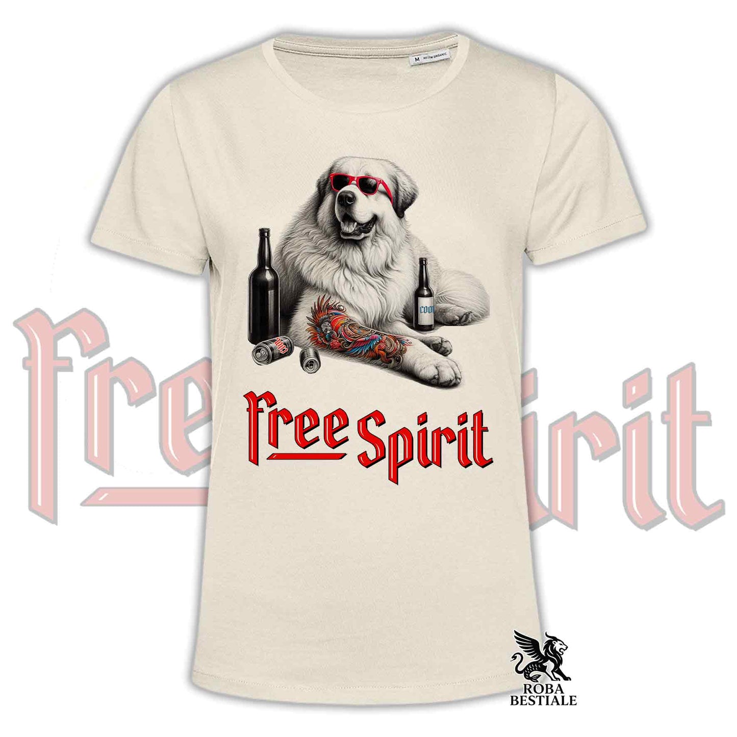 T-Shirt FREE SPIRIT - CANE DA MONTAGNA DEI PIRENEI - Bianca o Beige, da Uomo o da Donna - dalla XS alla 5XL