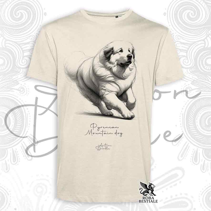 T-Shirt ACTION DOODLE - CANE DA MONTAGNA DEI PIRENEI - Bianca o Beige, da Uomo o da Donna - dalla XS alla 5XL