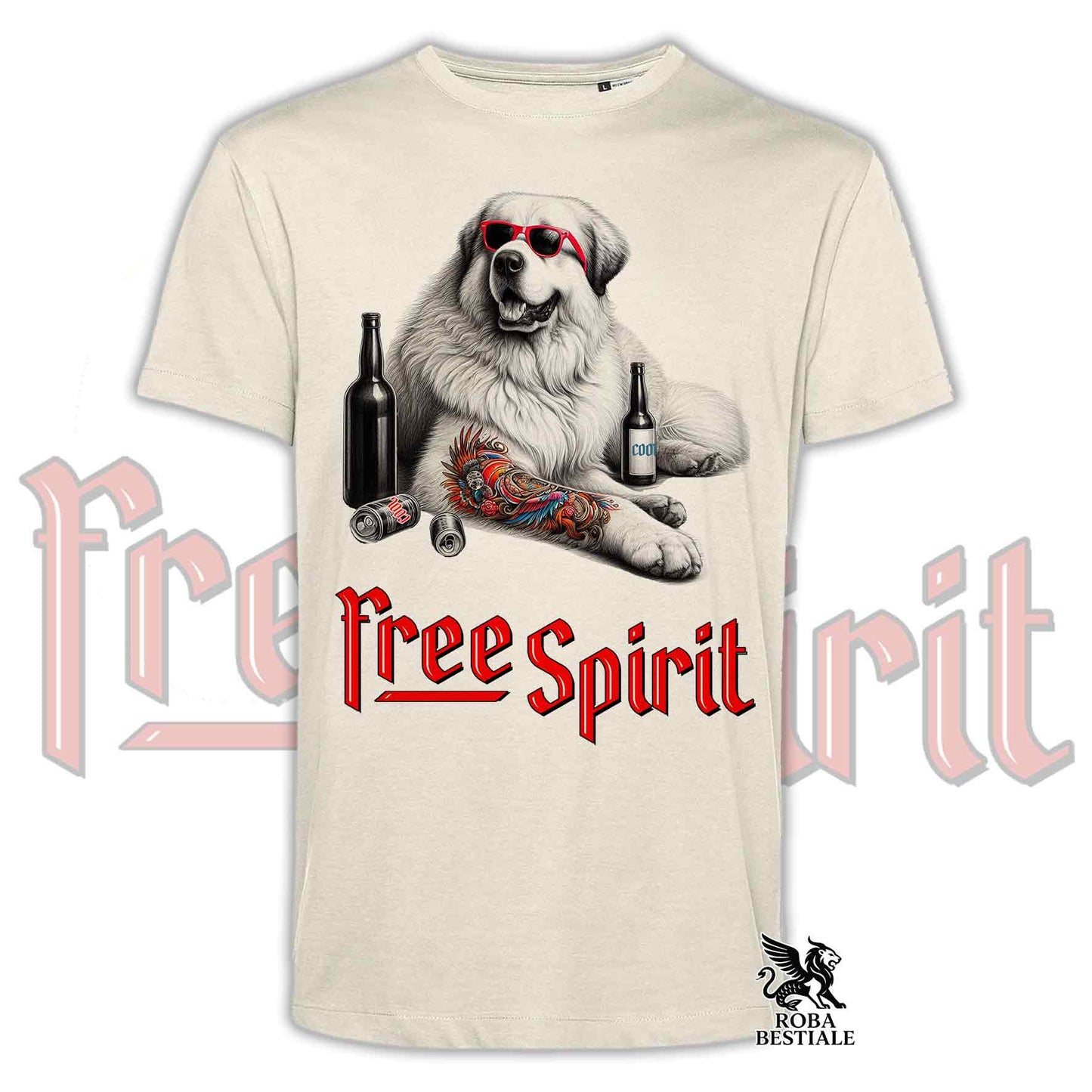 T-Shirt FREE SPIRIT - CANE DA MONTAGNA DEI PIRENEI - Bianca o Beige, da Uomo o da Donna - dalla XS alla 5XL