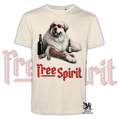 T-Shirt FREE SPIRIT - CANE DA MONTAGNA DEI PIRENEI - Bianca o Beige, da Uomo o da Donna - dalla XS alla 5XL