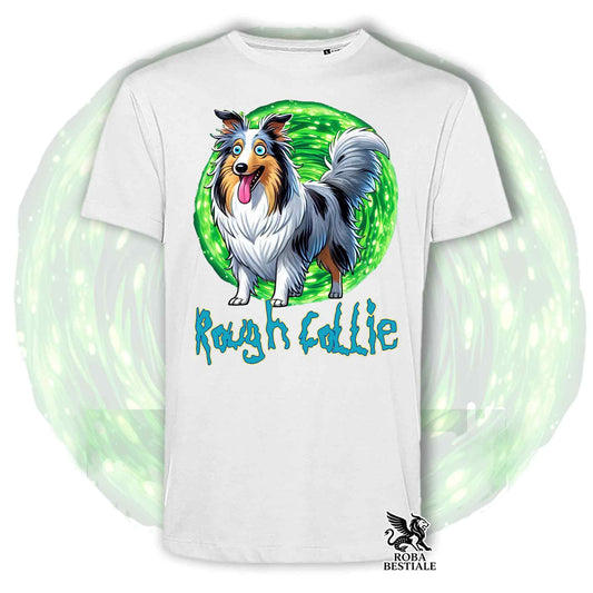 T-Shirt RICK & MORTY - CANE DA PASTORE SCOZZESE a Pelo Lungo Blue Merle - Bianca o Beige, da Uomo o da Donna - dalla XS alla 5XL