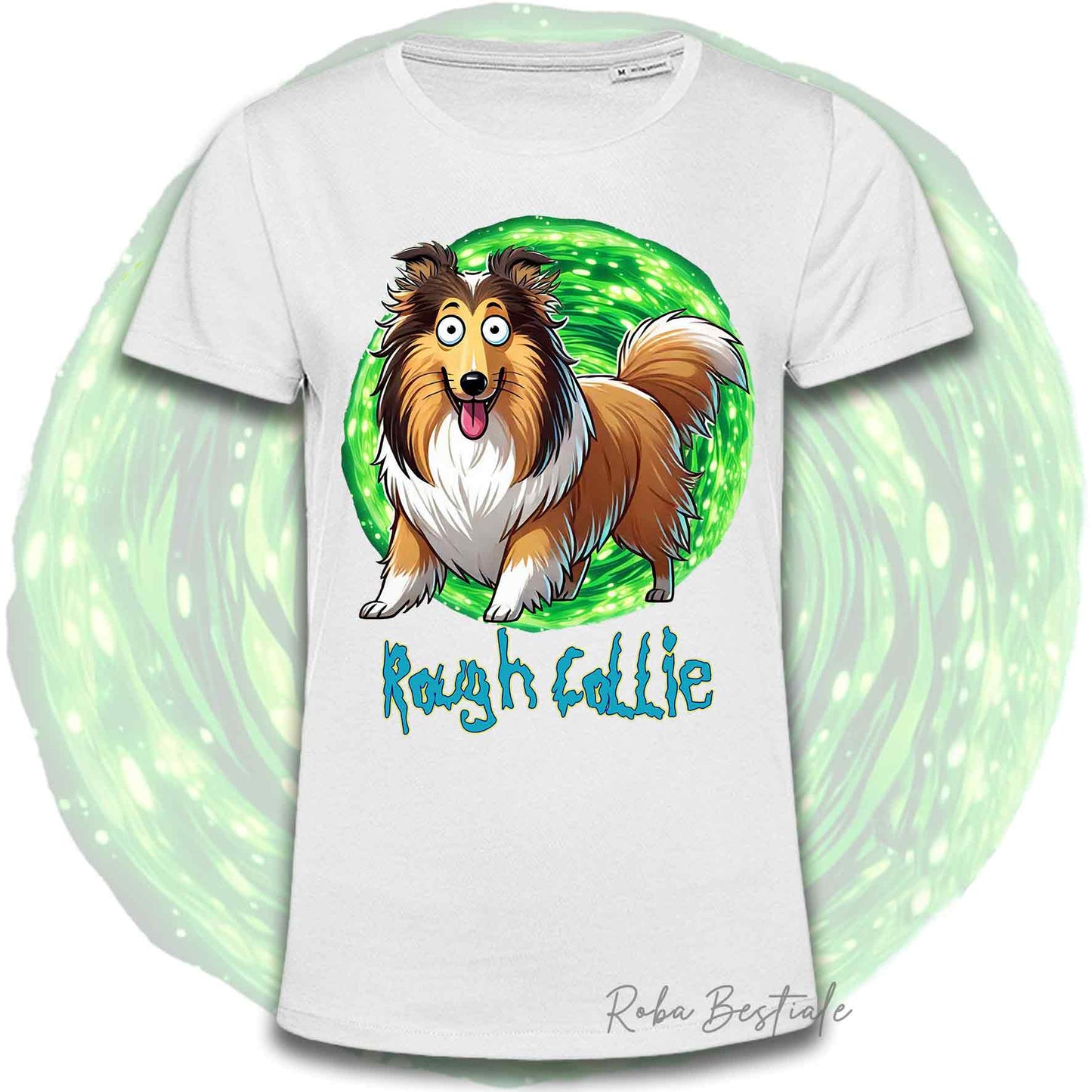 T-Shirt RICK & MORTY - CANE DA PASTORE SCOZZESE a Pelo Lungo, Fulvo Zibellino - Bianca, Beige o Nera, Uomo o Donna - dalla XS alla 5XL