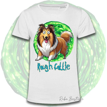 T-Shirt RICK & MORTY - CANE DA PASTORE SCOZZESE a Pelo Lungo, Fulvo Zibellino - Bianca, Beige o Nera, Uomo o Donna - dalla XS alla 5XL