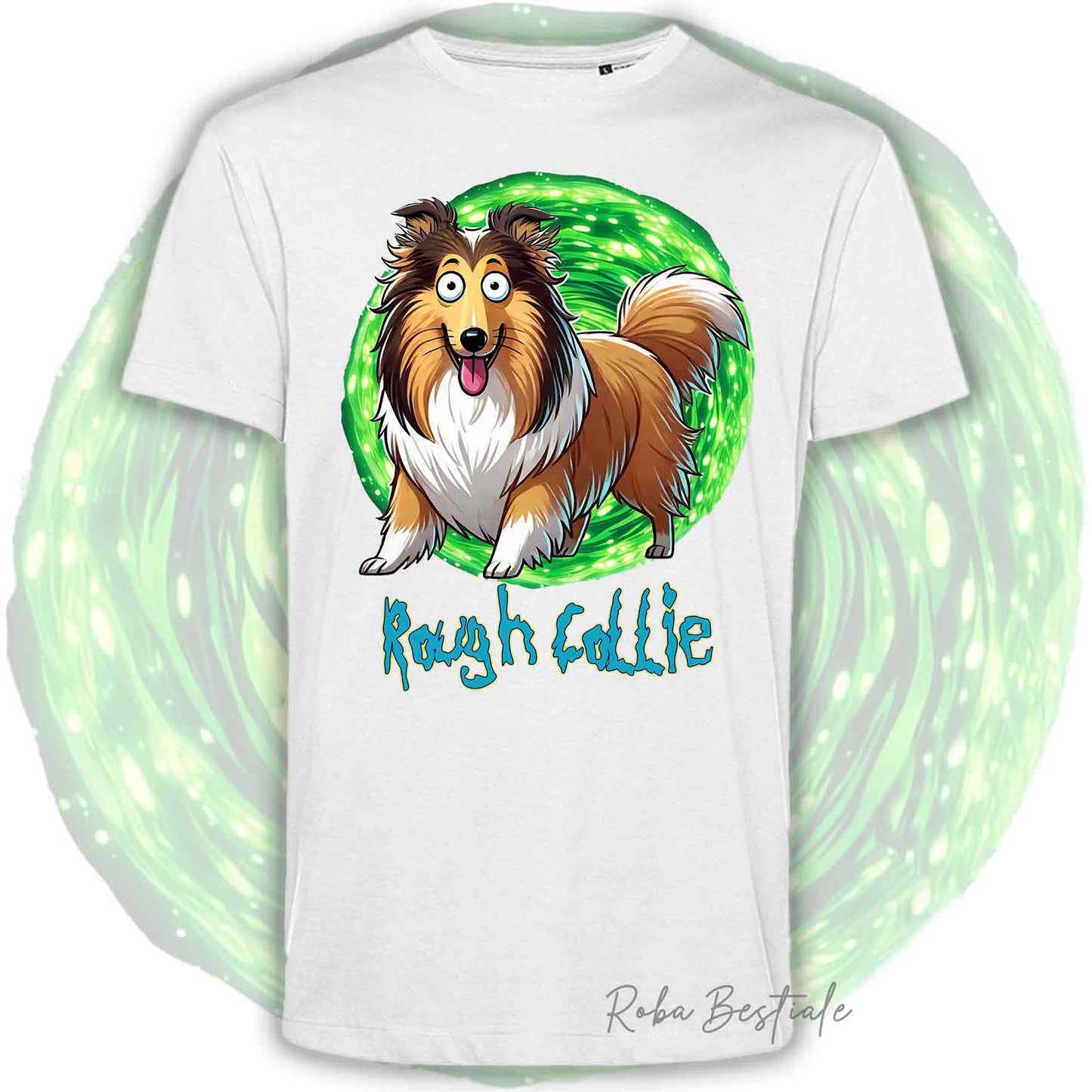 T-Shirt RICK & MORTY - CANE DA PASTORE SCOZZESE a Pelo Lungo, Fulvo Zibellino - Bianca, Beige o Nera, Uomo o Donna - dalla XS alla 5XL
