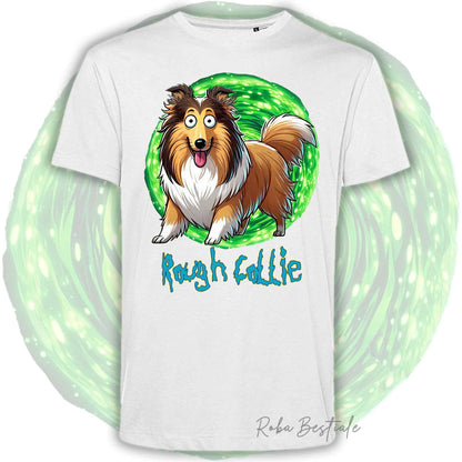 T-Shirt RICK & MORTY - CANE DA PASTORE SCOZZESE a Pelo Lungo, Fulvo Zibellino - Bianca, Beige o Nera, Uomo o Donna - dalla XS alla 5XL